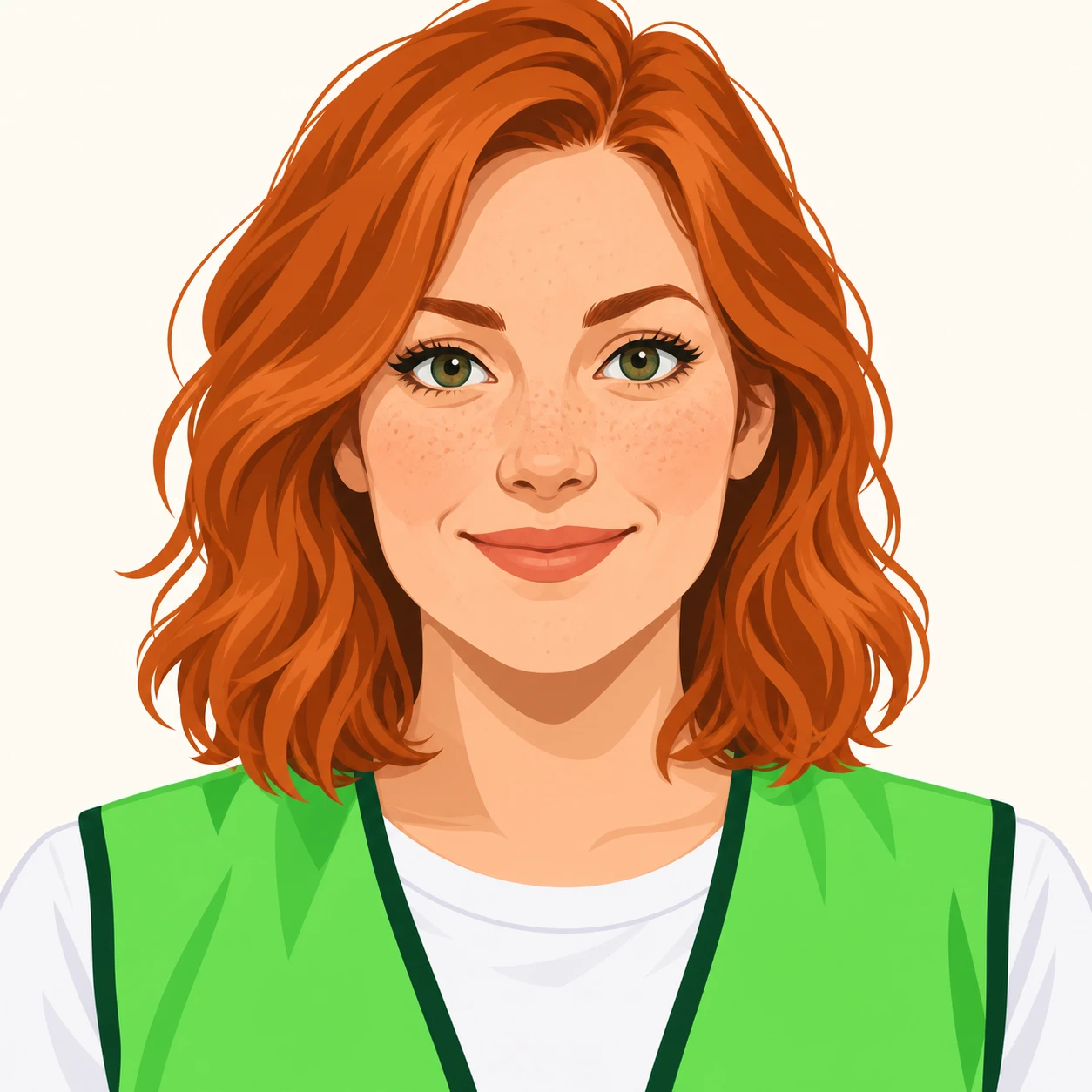 無地を背にした正面向きのボランティアのベストの女性のイラスト（グラフィックポスター）