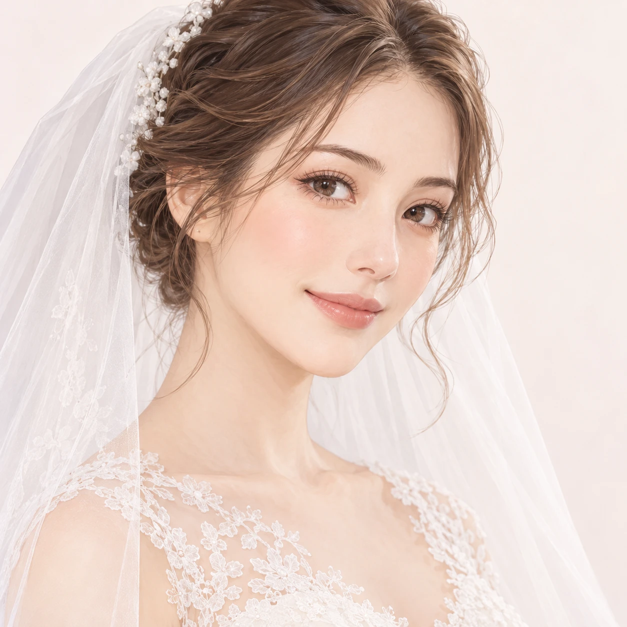 Illustration of one woman with a sheer white wedding veil over her hair pinned up in an elegant updo and a white lace neckline, her head and shoulders seen at a three-quarter angle with her face turned slightly to one side, both eyes visible and looking at the viewer with a calm closed-mouth smile, closely cropped so the head and shoulders fill most of the picture, hands not visible, a plain pale background behind her, the lower edge left as empty background with nothing written on it (soft pastel)