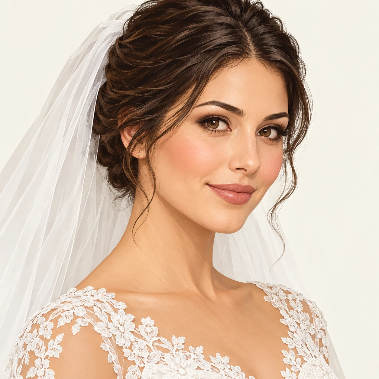 Illustration of one woman with a sheer white wedding veil over her hair pinned up in an elegant updo and a white lace neckline, her head and shoulders seen at a three-quarter angle with her face turned slightly to one side, both eyes visible and looking at the viewer with a calm closed-mouth smile, closely cropped so the head and shoulders fill most of the picture, hands not visible, a plain pale background behind her, the lower edge left as empty background with nothing written on it (bold graphic)