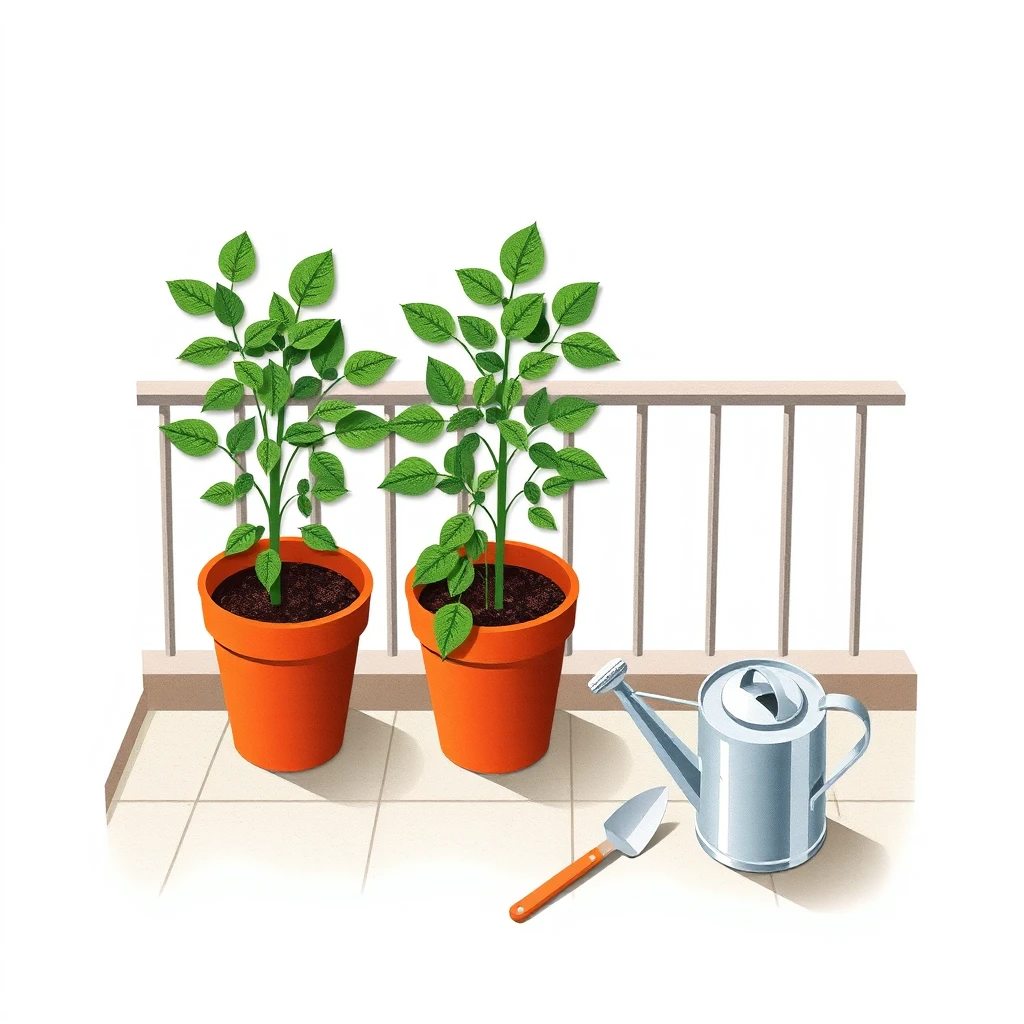 ベランダの鉢植えと園芸道具の切り絵風イラスト
