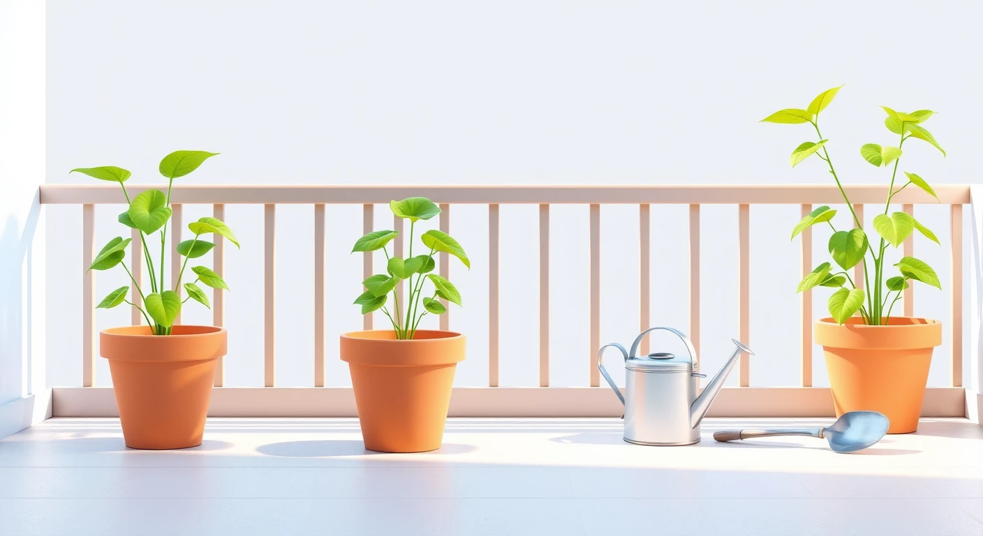 ベランダの鉢植えと園芸道具のソフトな3Dイラスト