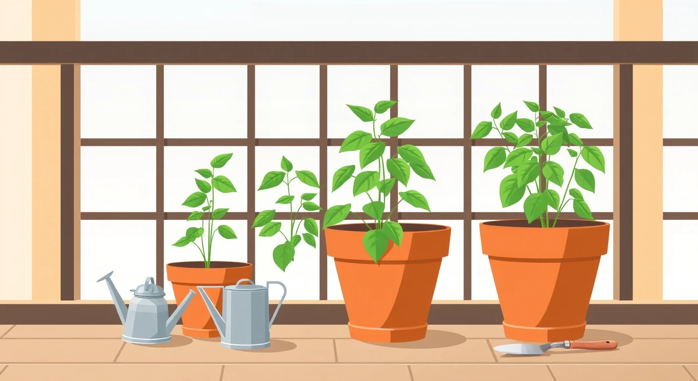 ベランダの鉢植えと園芸道具のフラットイラスト
