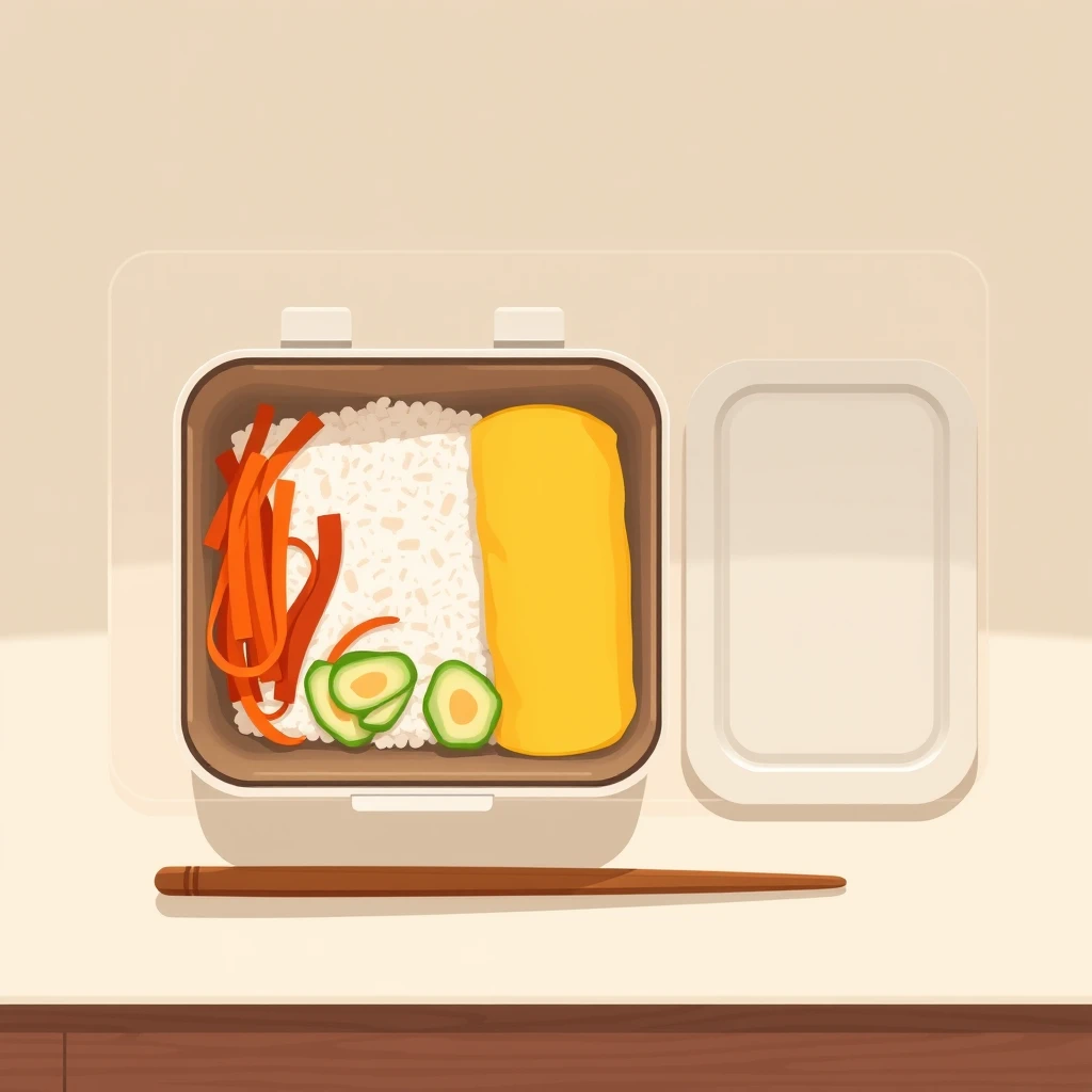 詰めたお弁当とまな板の食材のフラットイラスト