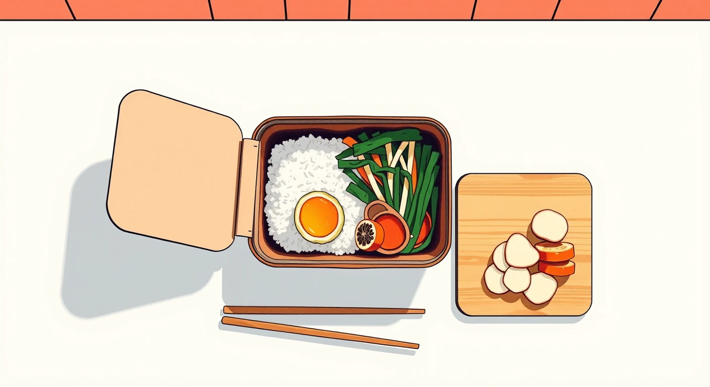 詰めたお弁当とまな板の食材のレトロ印刷風イラスト