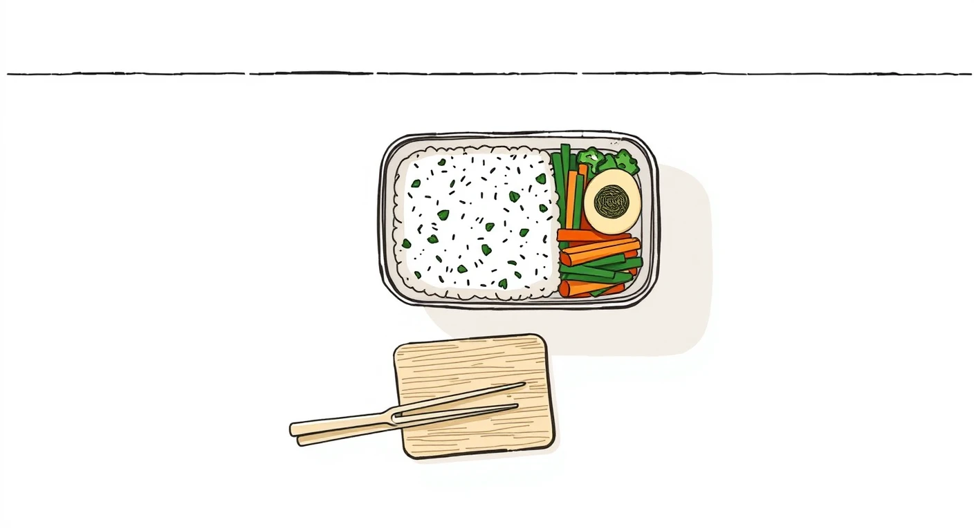 詰めたお弁当とまな板の食材の手描き風イラスト
