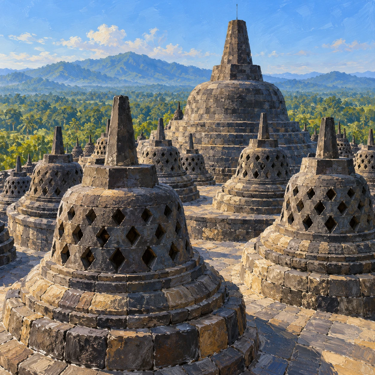 世界遺産・ボロブドゥールの仏塔が並ぶテラスのイラスト（油彩）