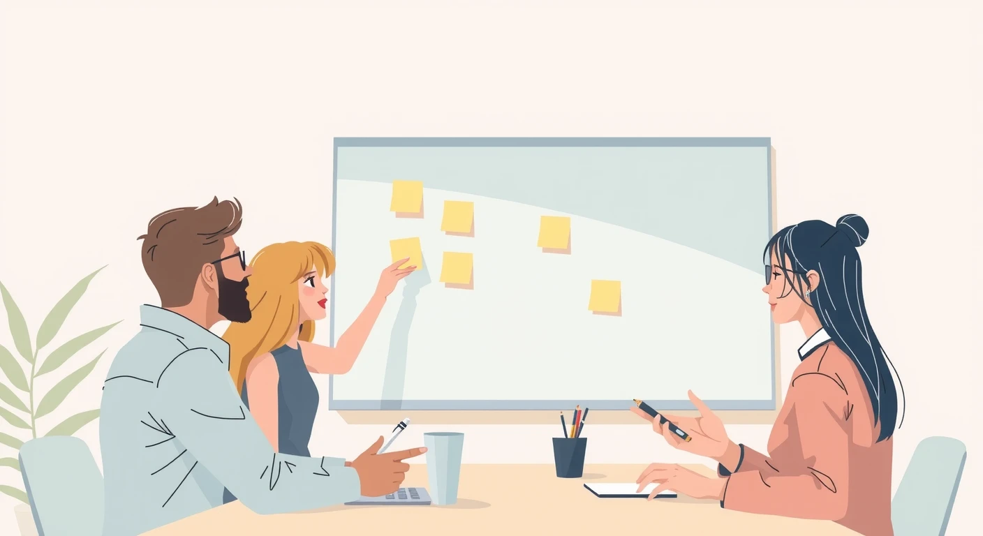 Illustration of team, brainstorming, planning, sticky note, whiteboard, in an office