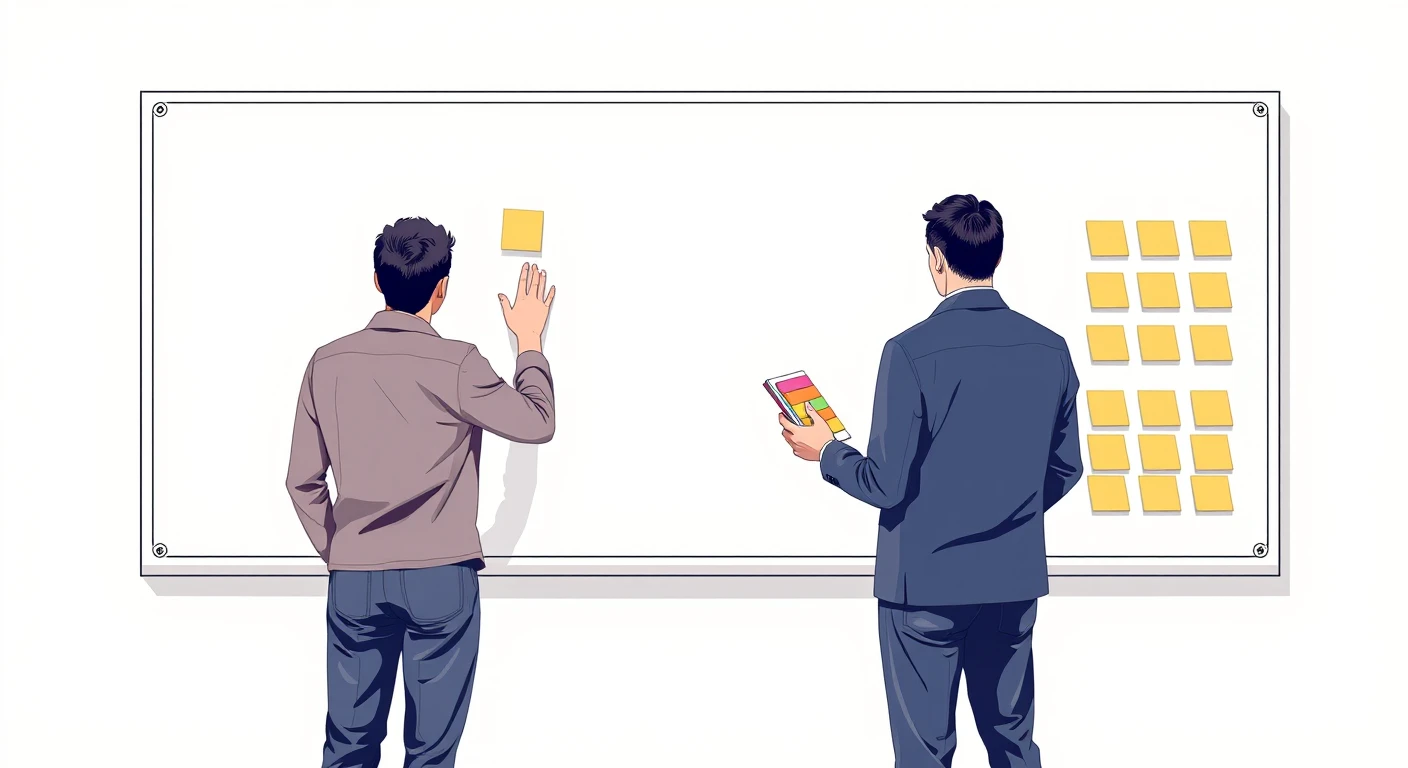 ホワイトボードに付箋を貼る2人の同僚のレトロ印刷風イラスト