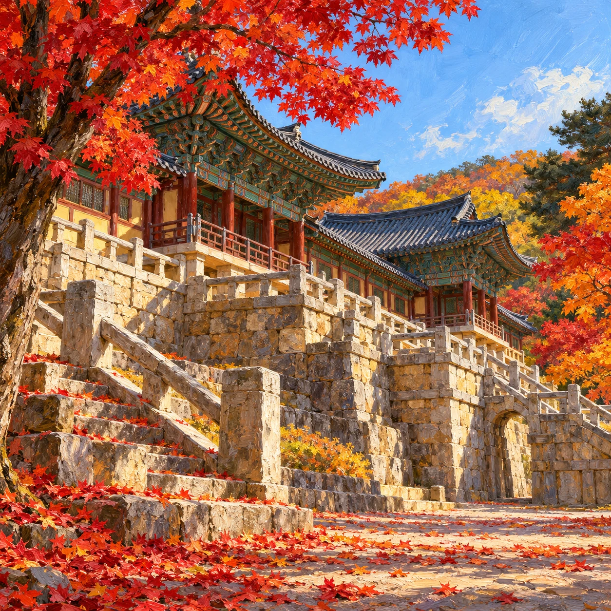 世界遺産・紅葉の仏国寺のイラスト（油彩）