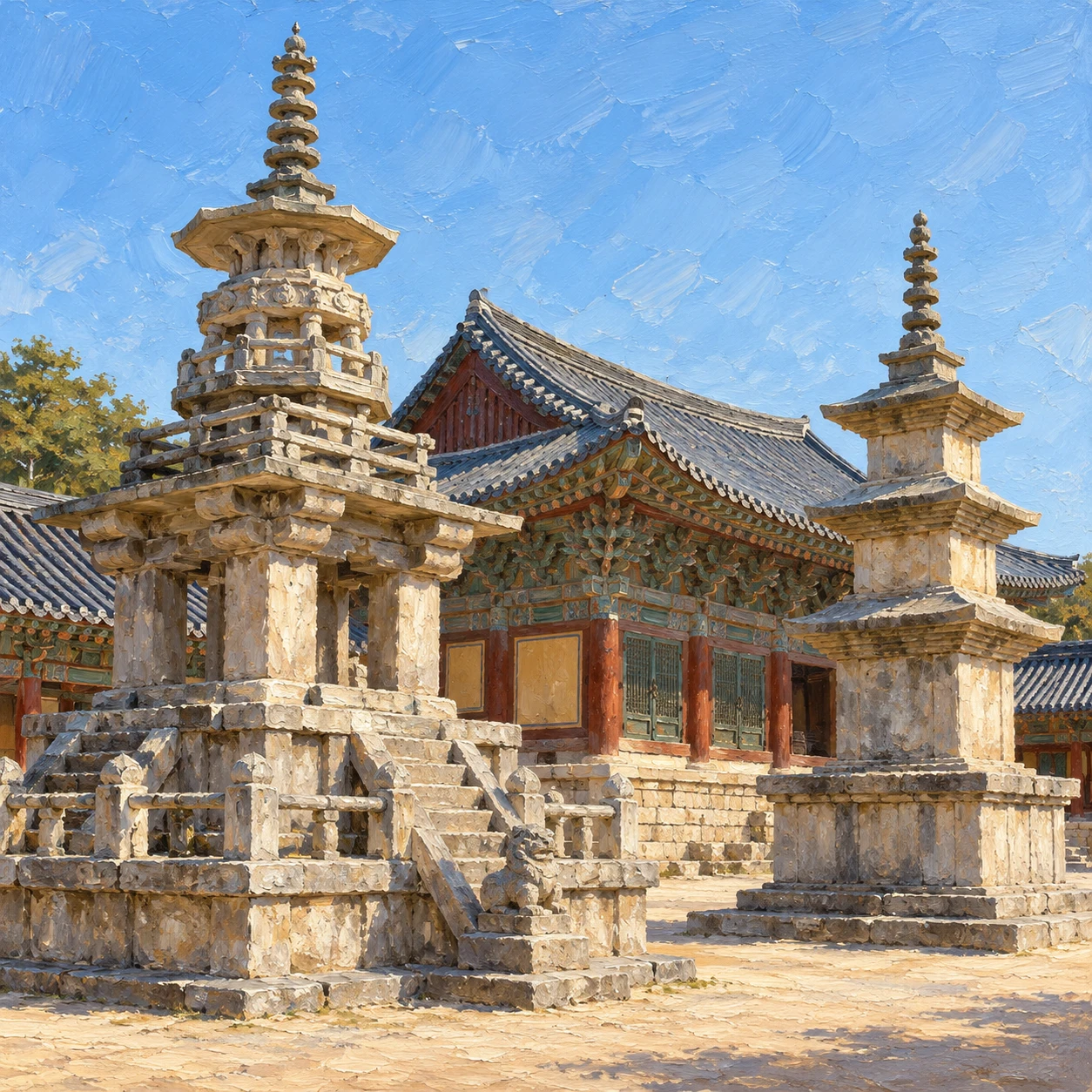 世界遺産・仏国寺の多宝塔と釈迦塔のイラスト（油彩）