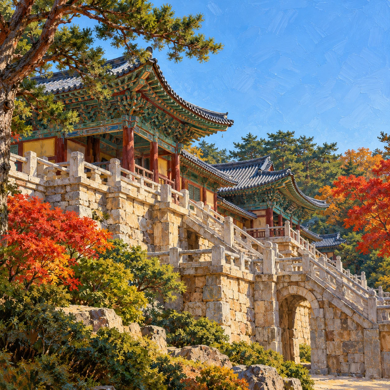 世界遺産・韓国の仏国寺のイラスト（油彩）