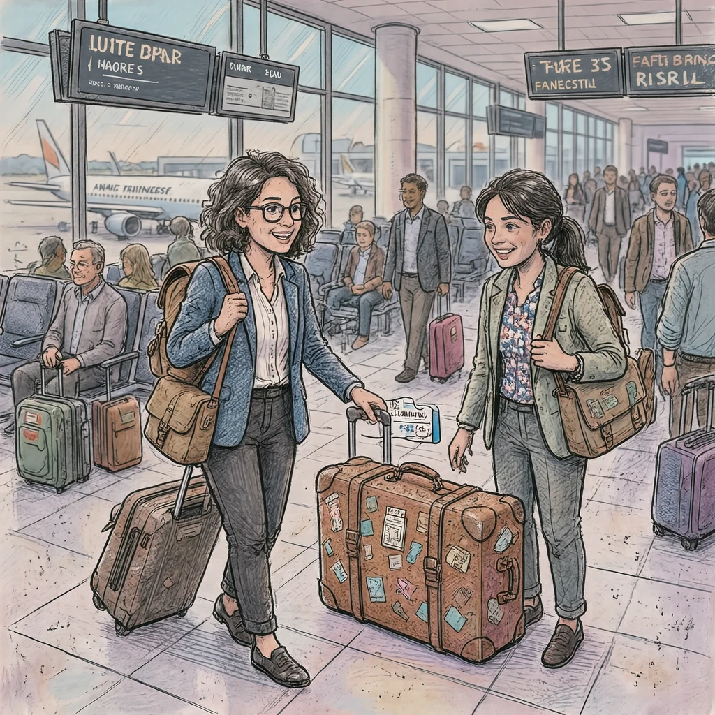 空港でスーツケースを手にするスーツ姿の出張者のイラスト(手描き風)
