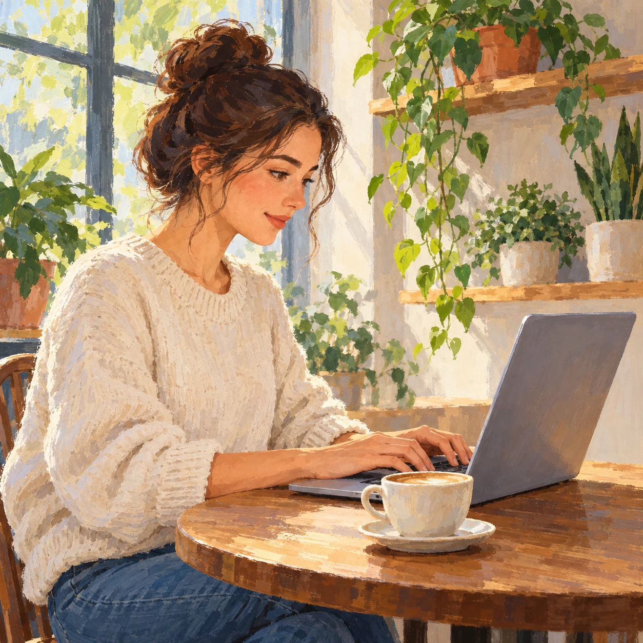 Illustration of a person teleworking at a cafe (gouache)