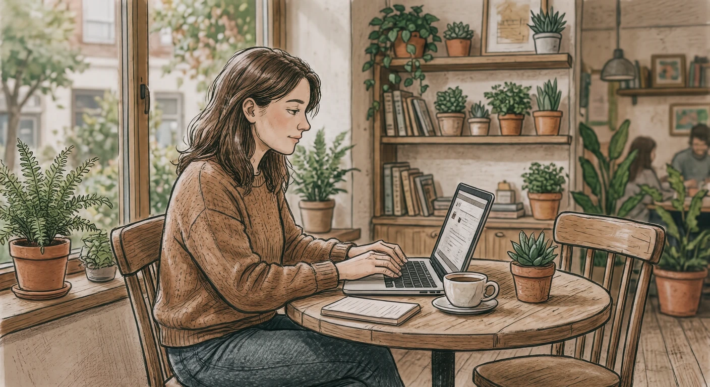 カフェでテレワークする人のイラスト(手描き風)