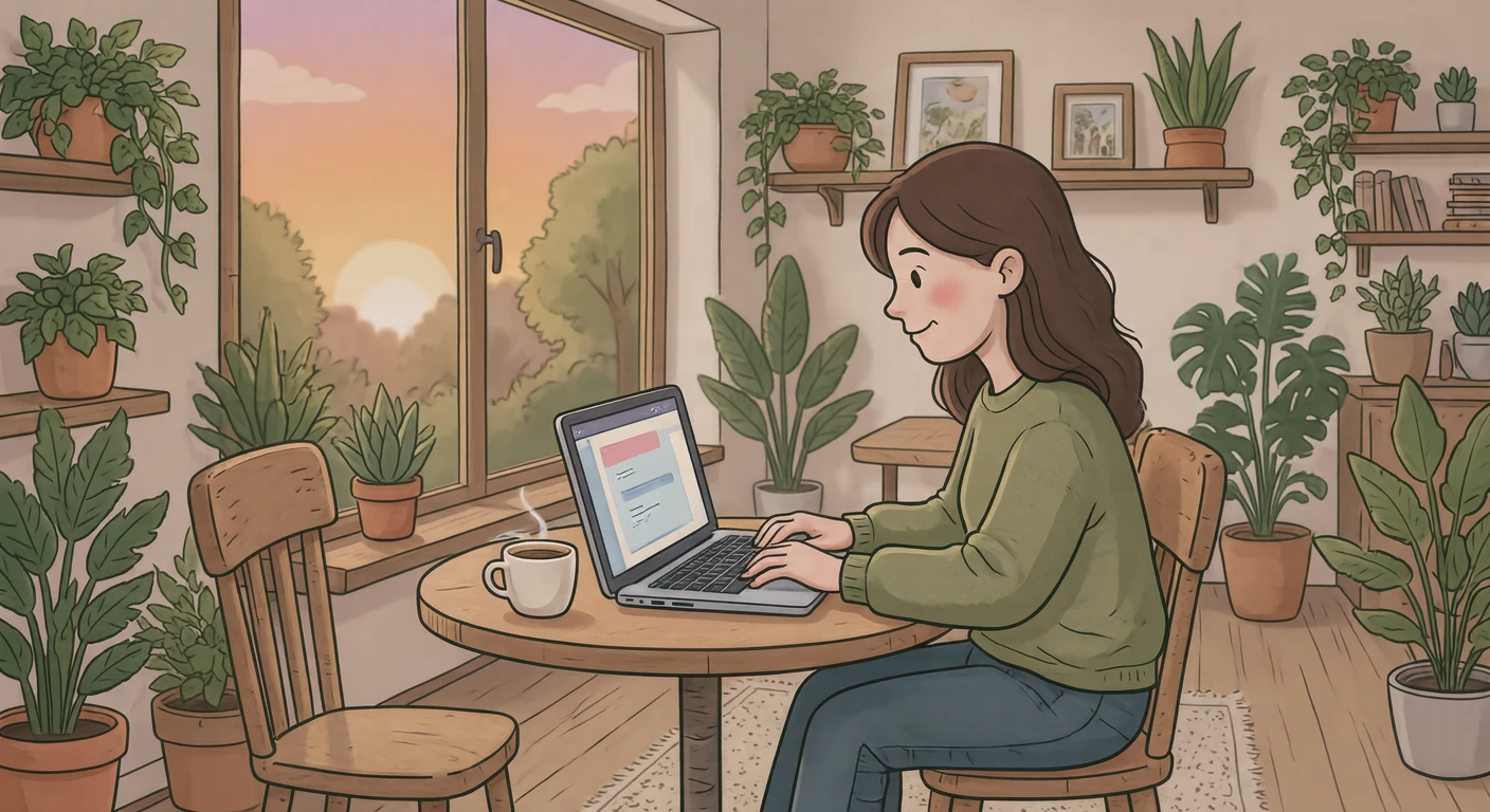 カフェでテレワークする人のイラスト(ゆるいイラスト)