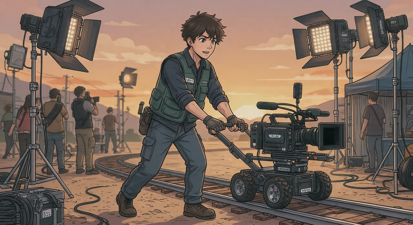 撮影の撮影現場でドリーを押すカメラマンのイラスト（アニメ塗り）