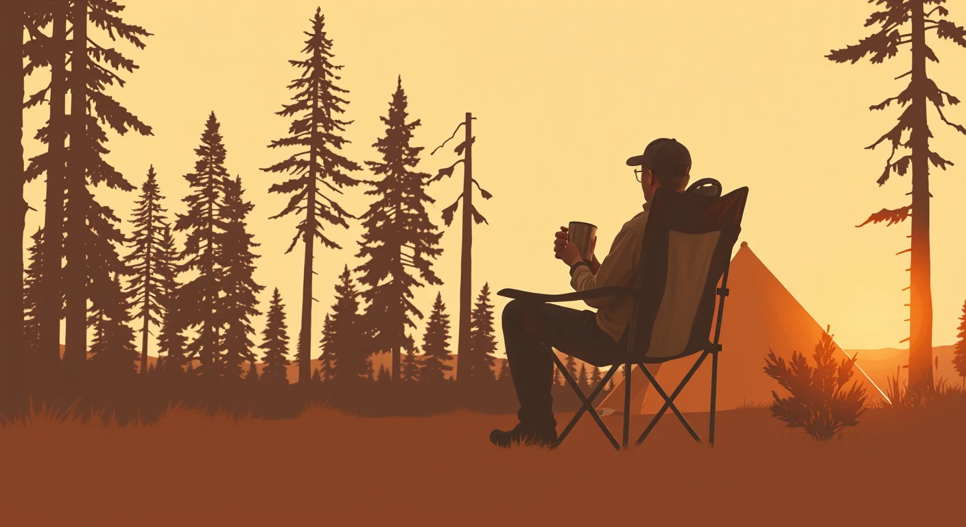 アウトドアのキャンプ場で折りたたみ椅子でコーヒーを飲むキャンパーのイラスト（レトロ印刷）