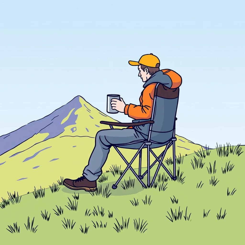 キャンプの山で折りたたみ椅子でコーヒーを飲むキャンパーのイラスト（シンプル線画）