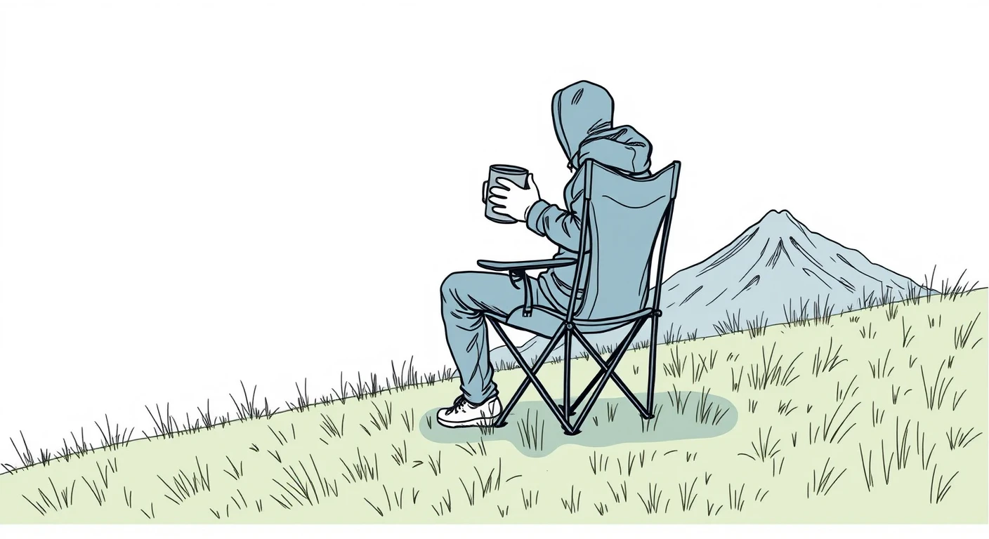キャンプの山で折りたたみ椅子でコーヒーを飲むキャンパーのイラスト（手描き風）