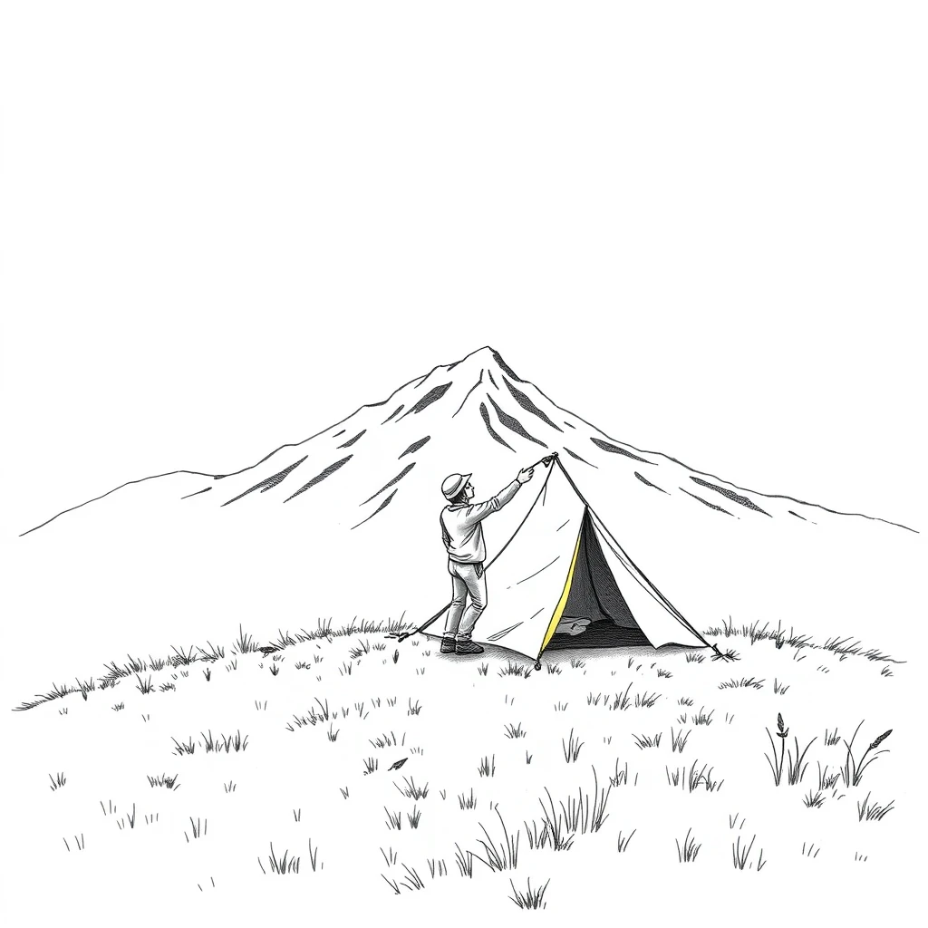 キャンプの山でテントを張るキャンパーのイラスト（色鉛筆）