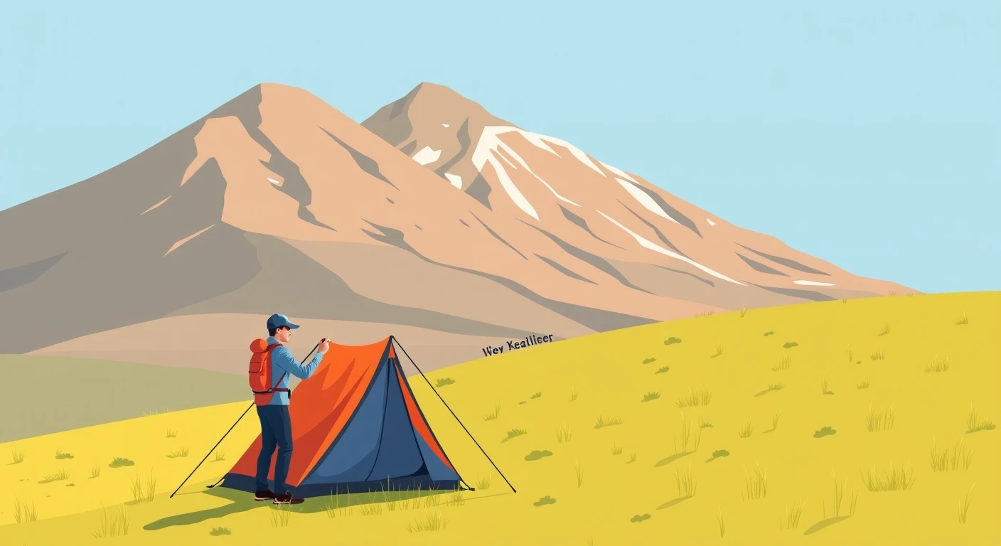 キャンプの山でテントを張るキャンパーのイラスト（フラットイラスト）