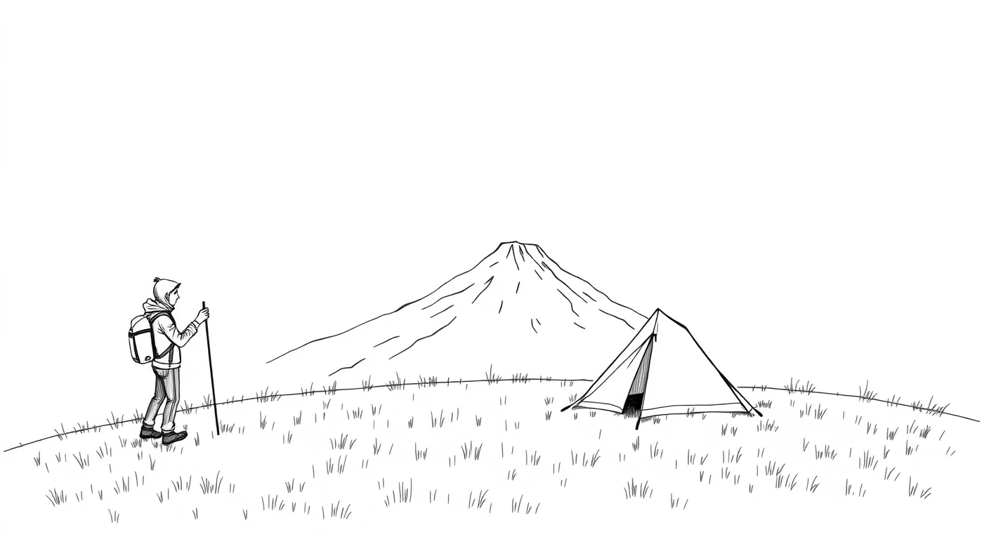 キャンプの山でテントを張るキャンパーのイラスト（手描き風）