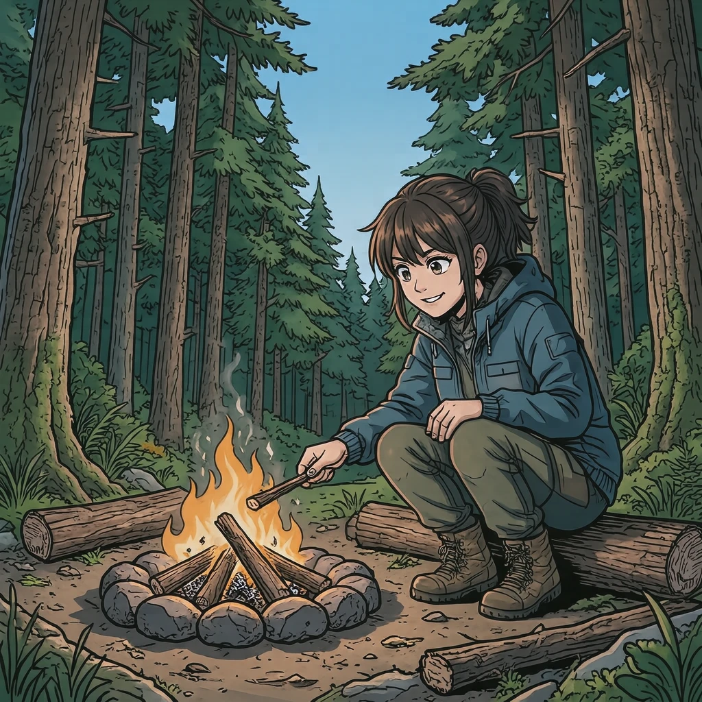 キャンプ場で焚き火に薪をくべるキャンパーのイラスト（アニメ塗り）