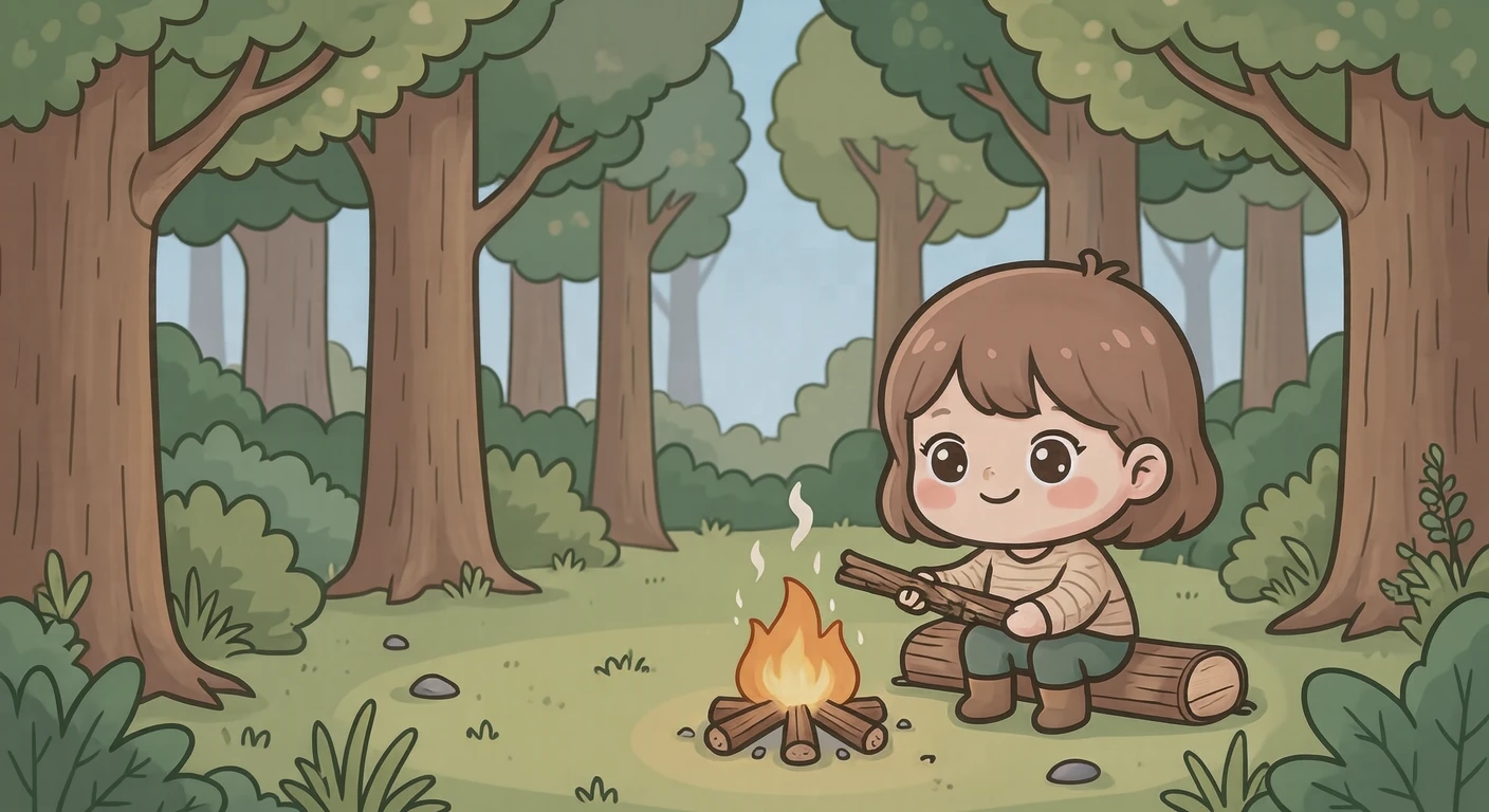 キャンプ場で焚き火に薪をくべるキャンパーのイラスト（デフォルメ）