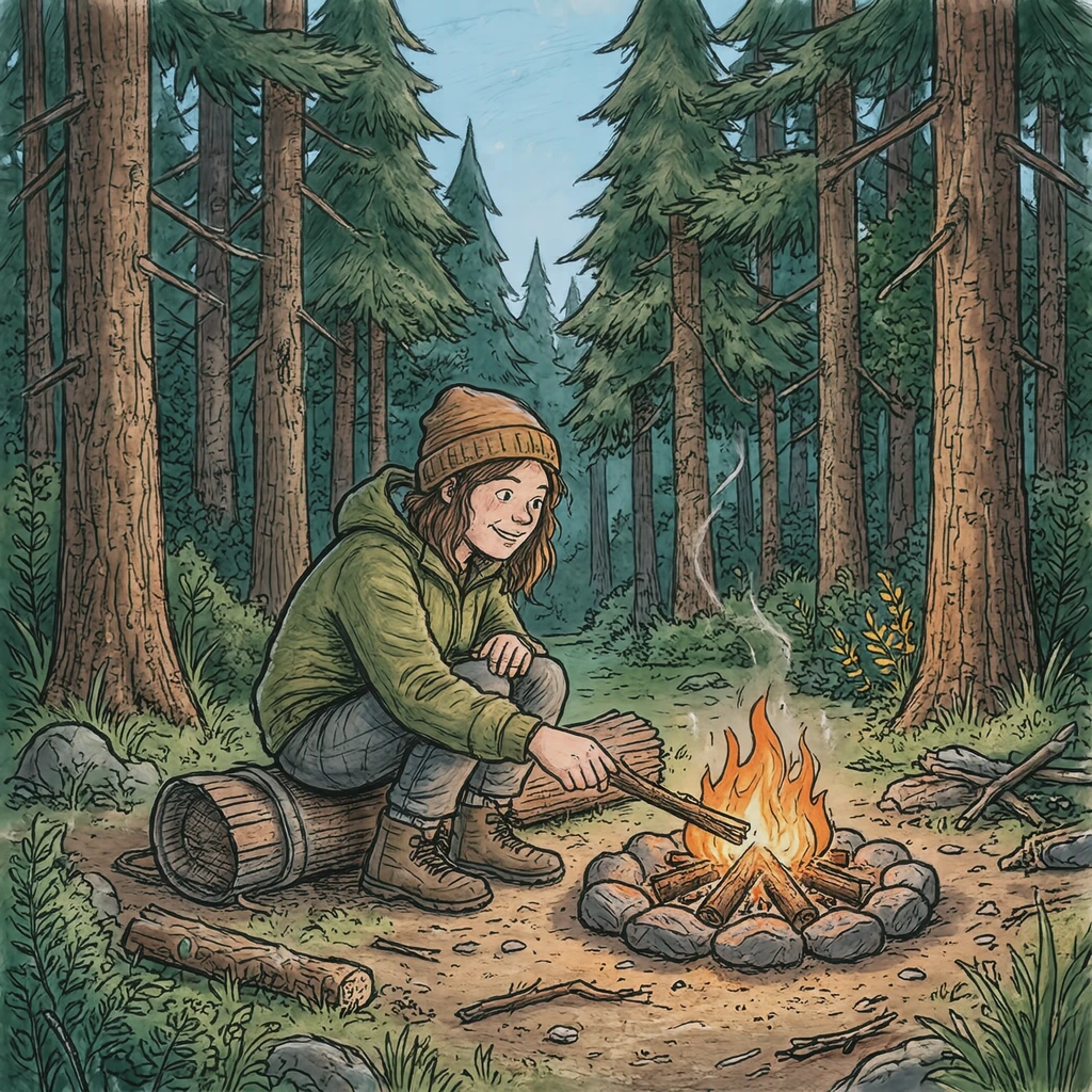 キャンプ場で焚き火に薪をくべるキャンパーのイラスト（手描き風）