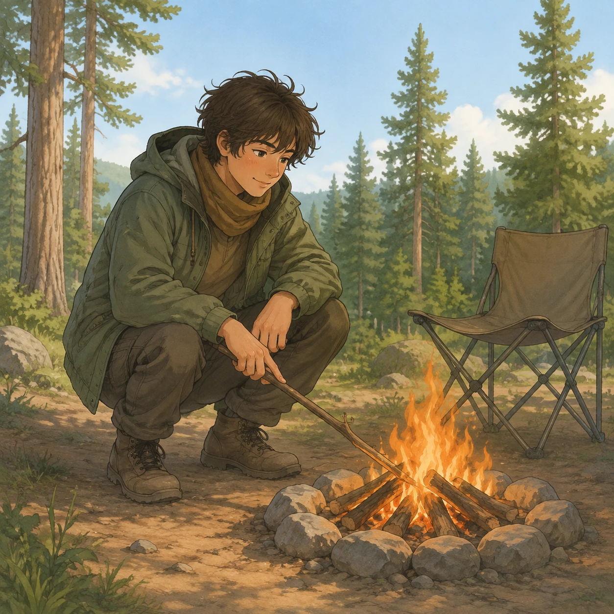 キャンプのキャンプ場で焚き火に薪をくべるキャンパーのイラスト（ソフトパステル）