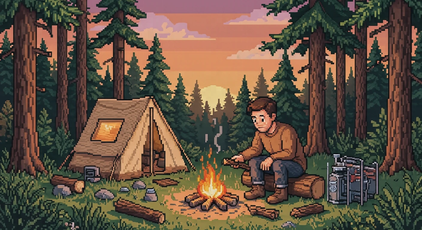 キャンプ場で焚き火に薪をくべるキャンパーのイラスト（ドット絵）