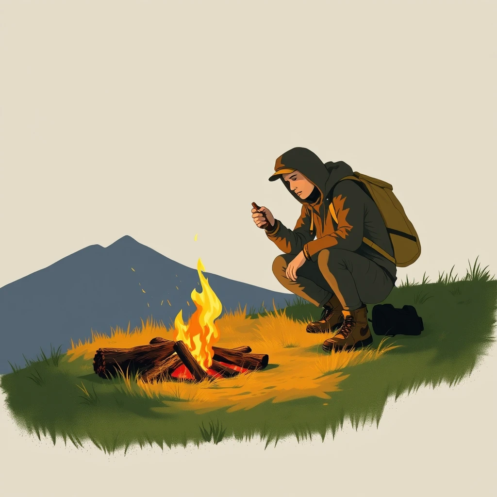 アウトドアの山で焚き火に薪をくべるキャンパーのイラスト（グアッシュ）