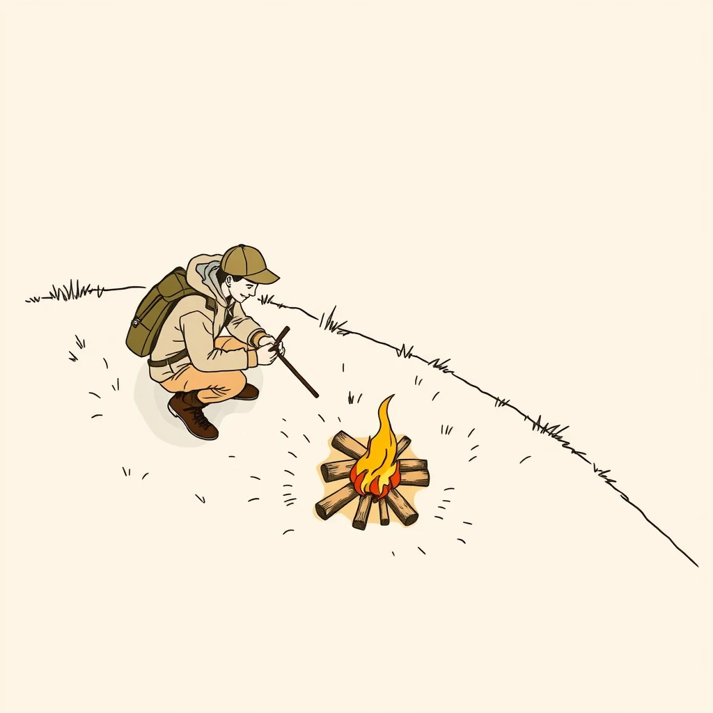 アウトドアの山で焚き火に薪をくべるキャンパーのイラスト（手描き風）