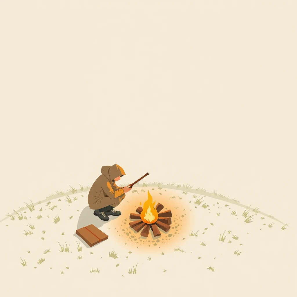 アウトドアの山で焚き火に薪をくべるキャンパーのイラスト（ソフトパステル）