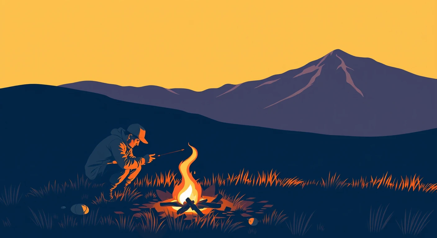 アウトドアの山で焚き火に薪をくべるキャンパーのイラスト（グラフィックポスター）