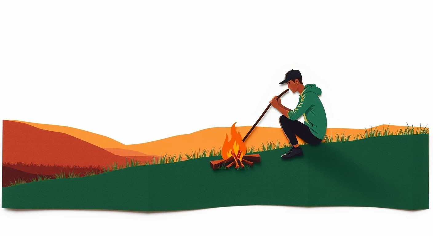 アウトドアの山で焚き火に薪をくべるキャンパーのイラスト（切り絵）