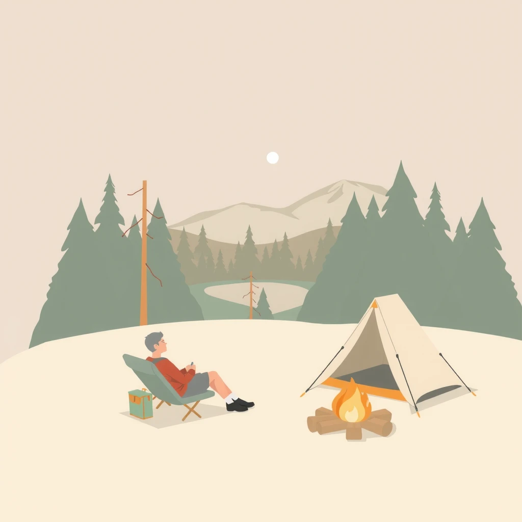 Soft illustration of a camper relaxing by a tent and campfire