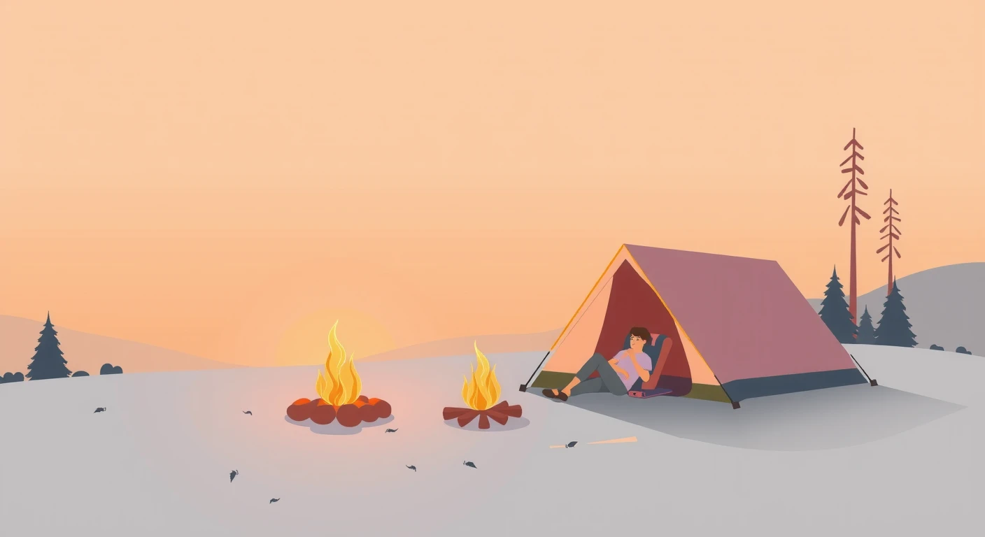 Soft illustration of a camper relaxing by a tent and campfire