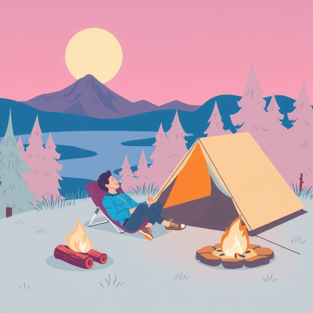 Soft illustration of a camper relaxing by a tent and campfire