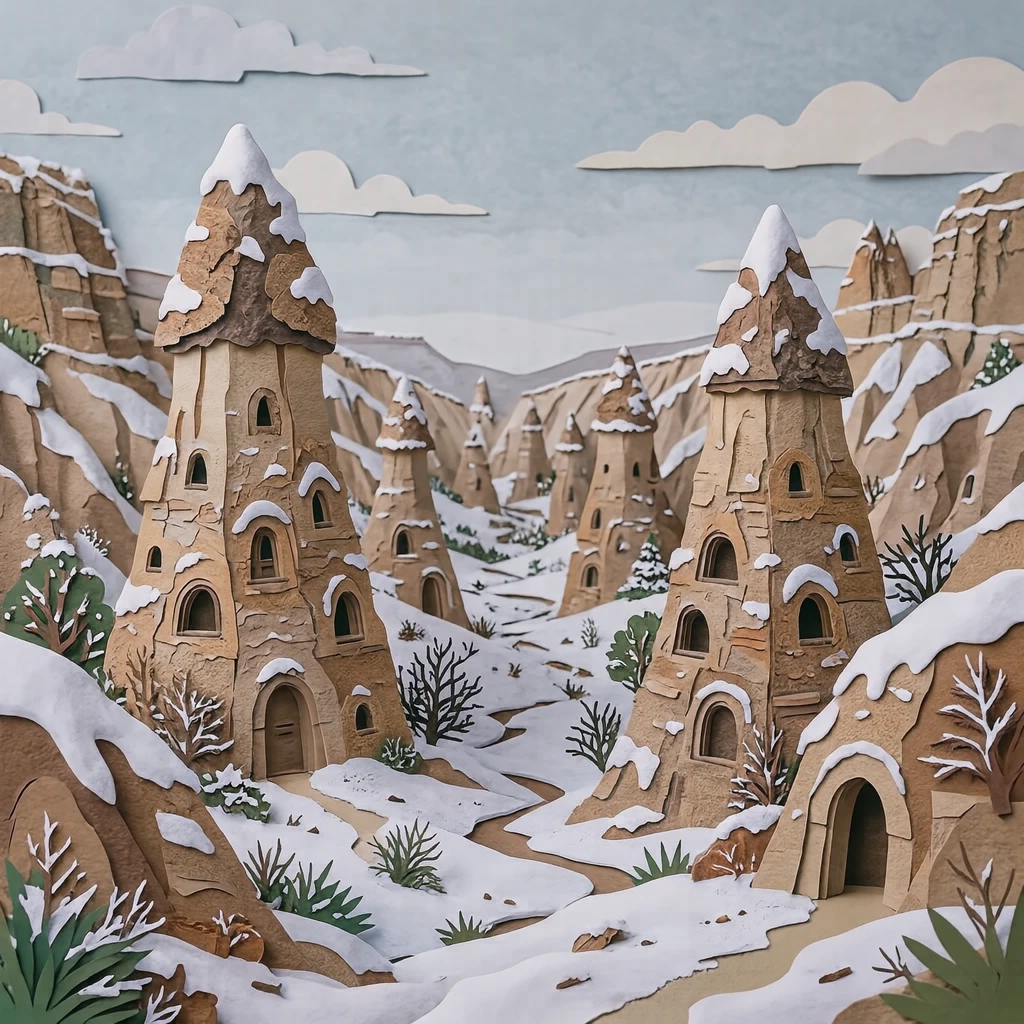 世界遺産・雪のカッパドキアのイラスト(切り絵)