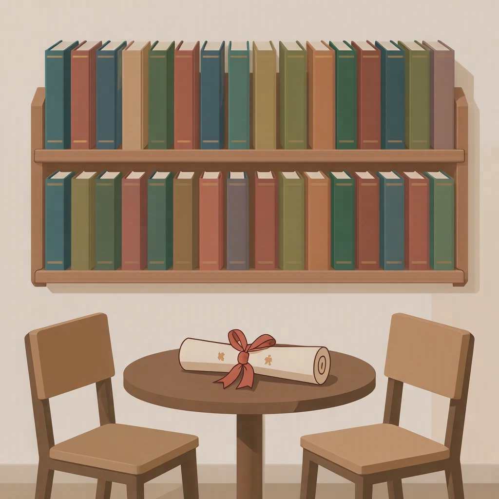 進路相談の冊子棚と卒業証書筒のイラスト（フラットイラスト）