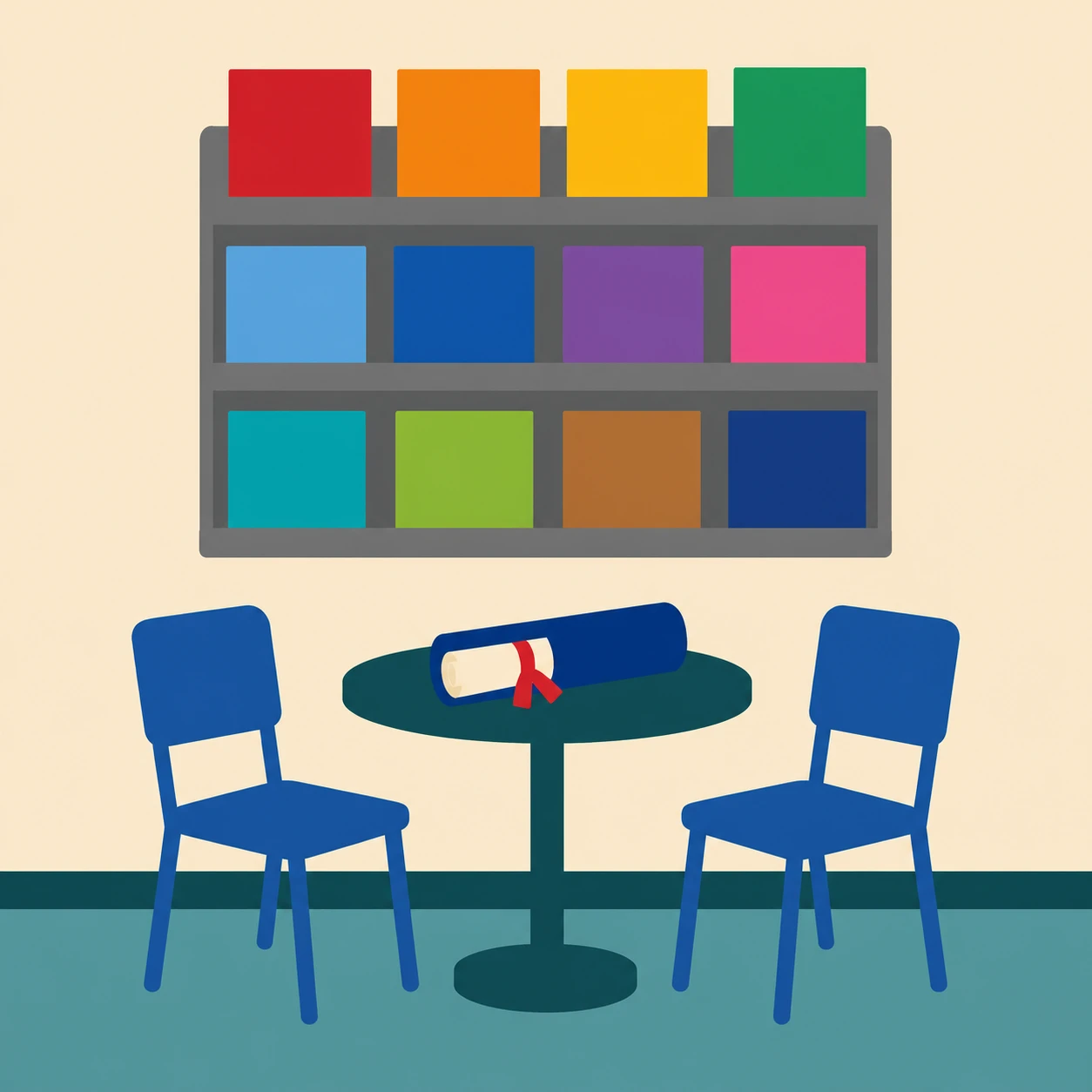 Flat illustration of a career guidance booklet rack and a diploma tube