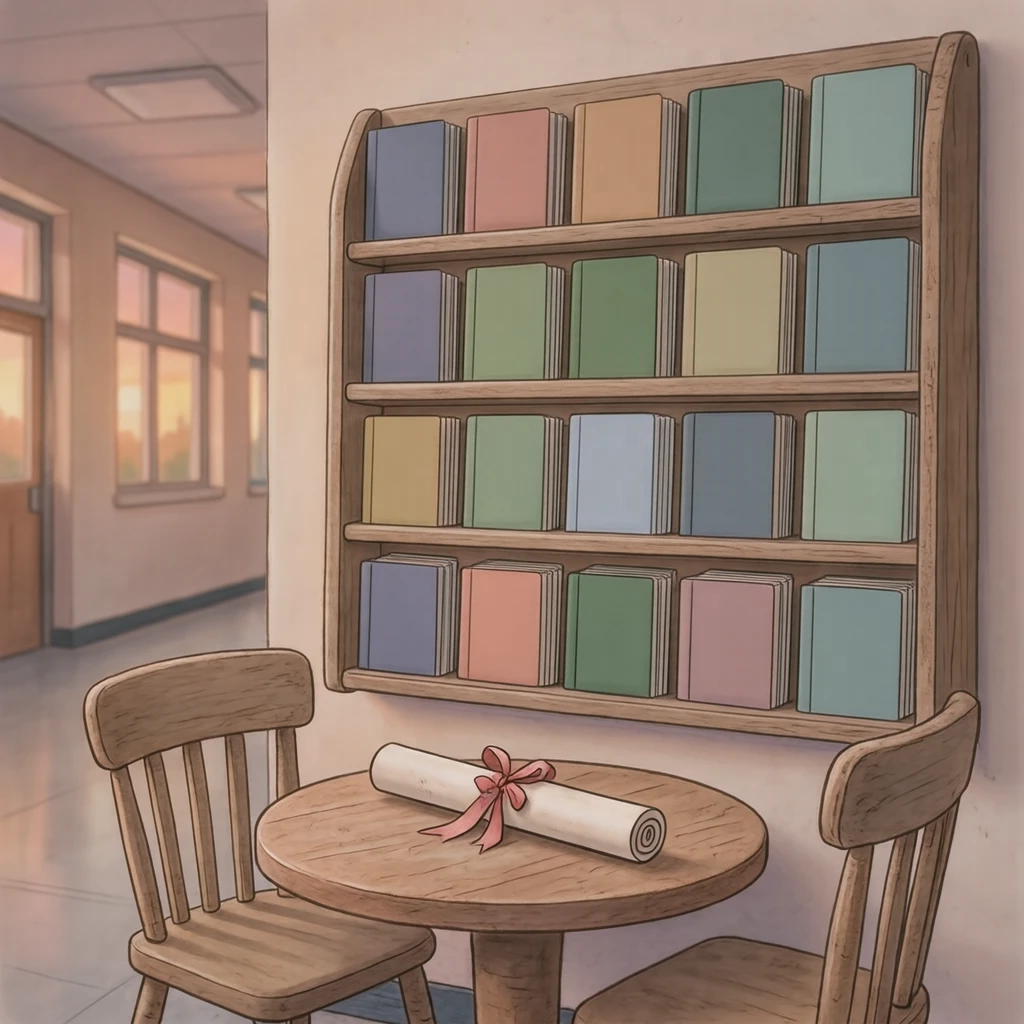 Illustration of a career guidance booklet rack and a diploma tube (soft pastel)