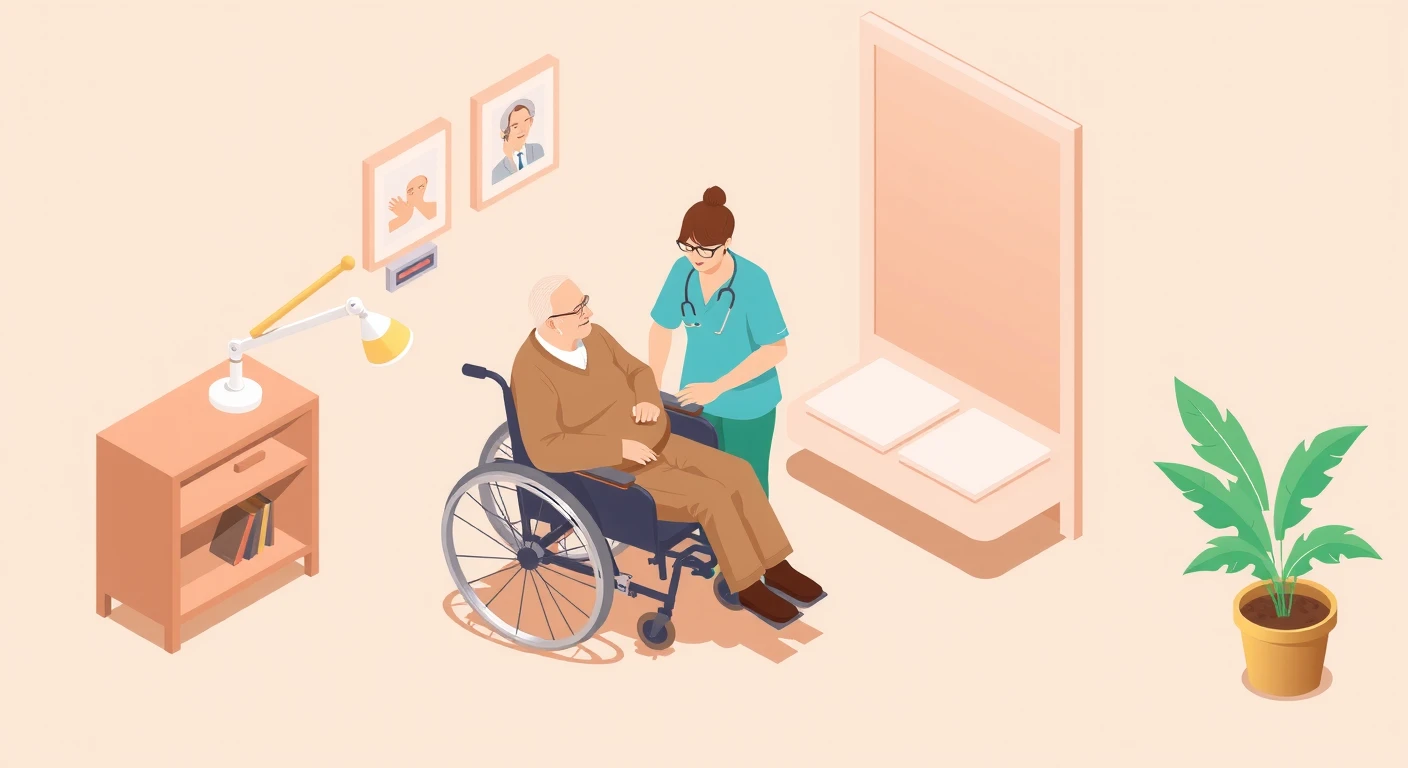 Illustration of caregiver, elderly person, caregiving, wheelchair, in a care facility