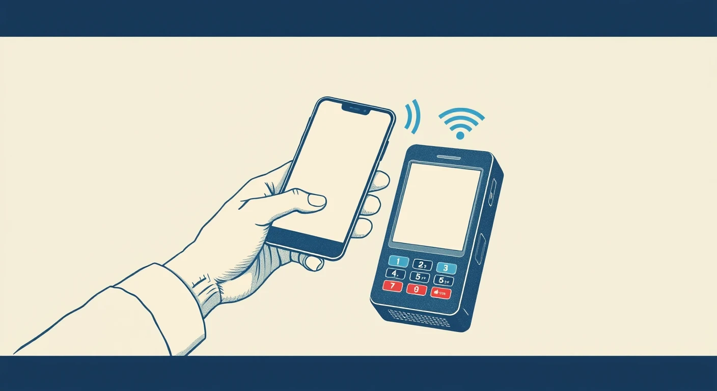 スマートフォンの非接触決済のレトロ印刷風イラスト