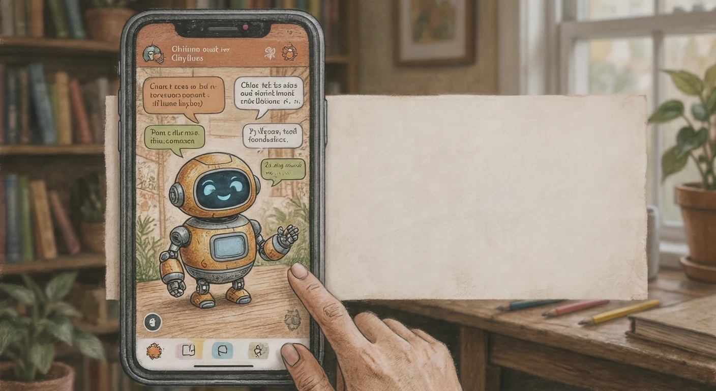 スマートフォンのチャット画面でロボットが応対するイラスト(色鉛筆)