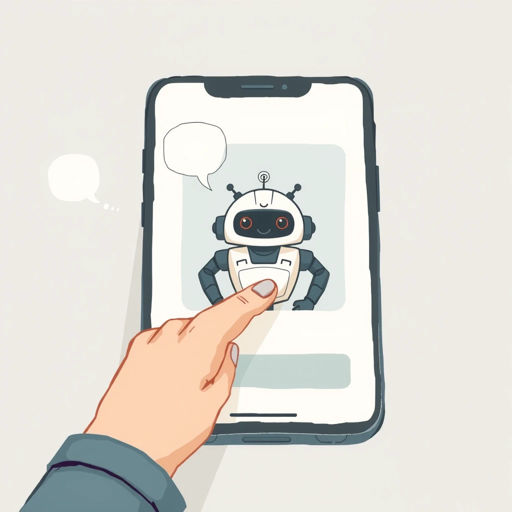 スマートフォンのチャット画面でロボットが応対するグアッシュ画風イラスト