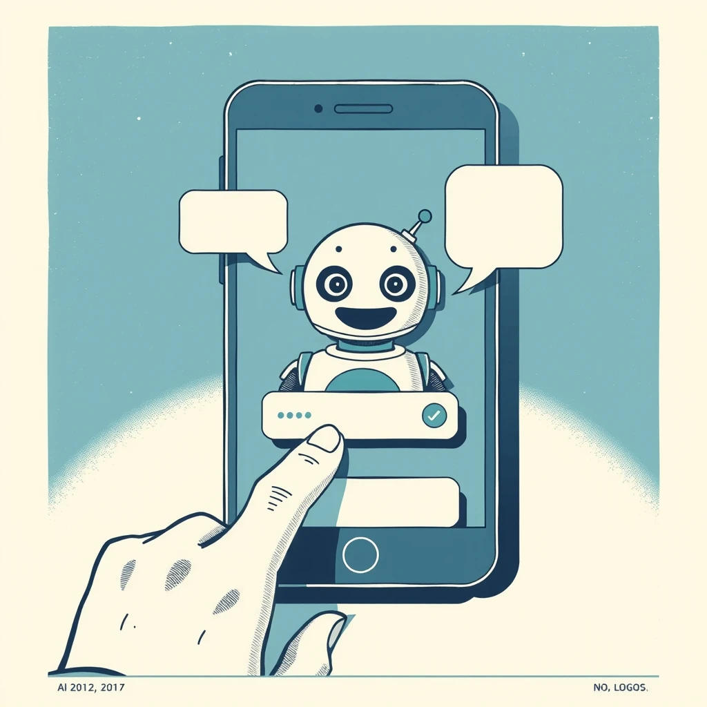 スマートフォンのチャット画面でロボットが応対するレトロ印刷風イラスト