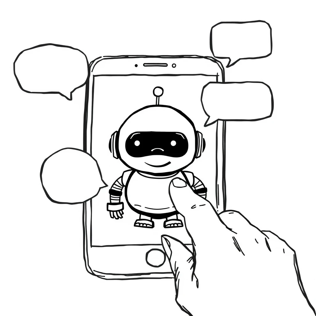 スマートフォンのチャット画面でロボットが応対する手描き風イラスト