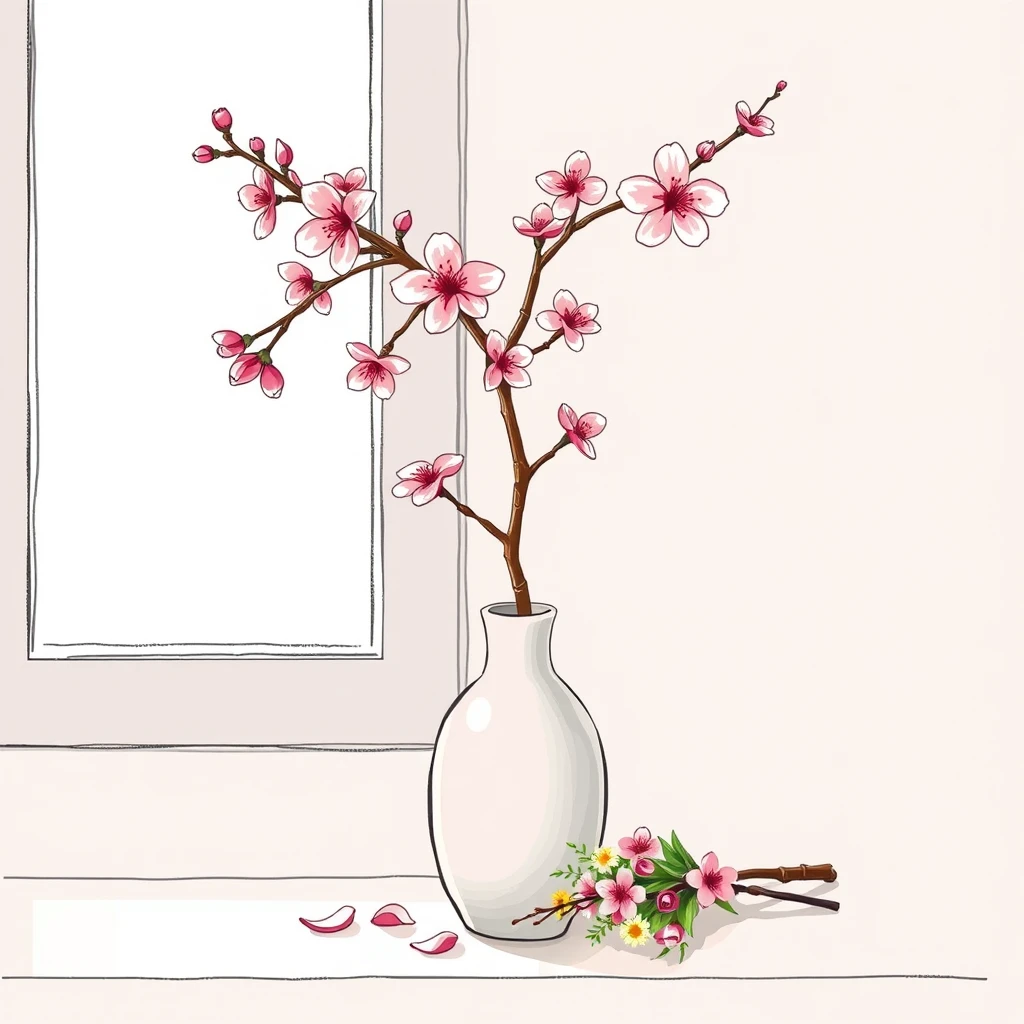 花瓶に生けた桜の枝のイラスト